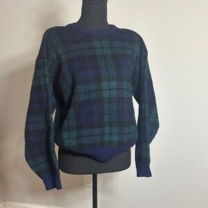 Vintage Perry Ellis Wool Cotton Blend Plaid Sweater Navy Teal Women’s Medium